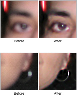 Eye and earring before and after manual focusing